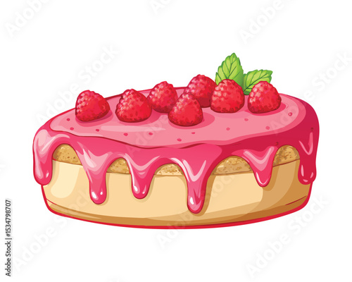 "Delicious Raspberry Cake with Pink Glaze and Fresh Mint Leaves"