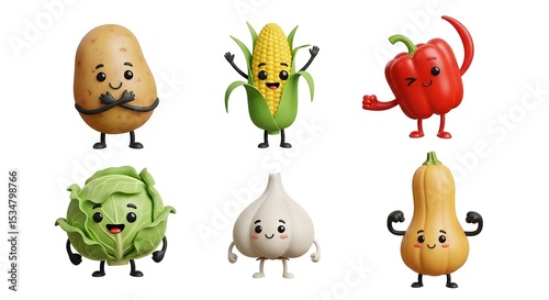 Adorable Cartoon Vegetables Potato, Corn, Pepper, Cabbage, Garlic, and Squash Illustrations
