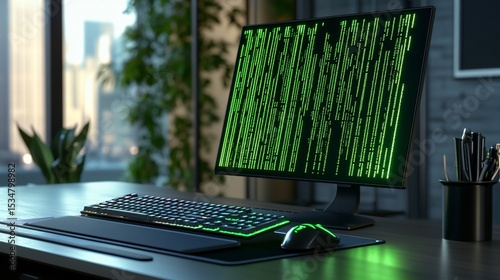 Modern Workspace with Green Binary Code on Screen and Gaming Peripheral