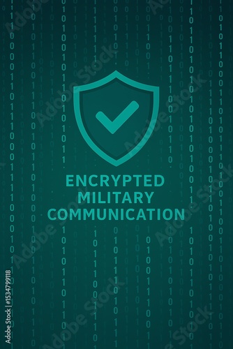 Encrypted military communication binary code with shield and check mark security concept