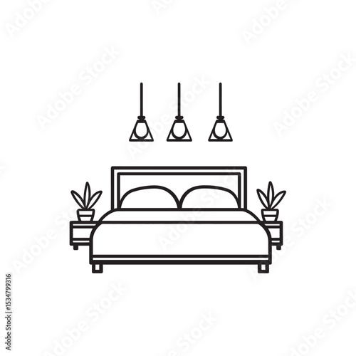Black and White Line Drawing Bed, Nightstands, Plants and Pendant Lights