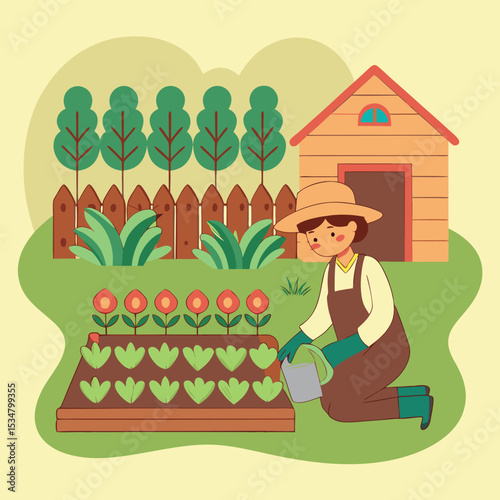 Woman tending her vegetable and flower garden