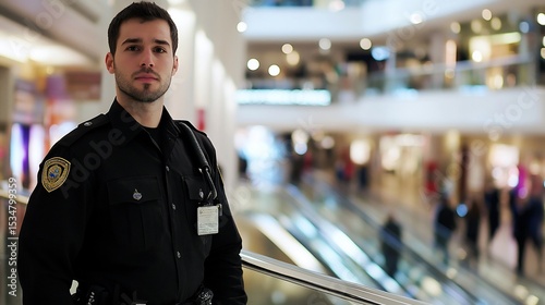 Confident security guard on duty in a shopping mall environment