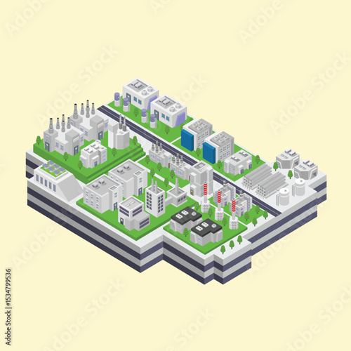 Isometric Illustration of Industrial Complex Factories, Plants, and Infrastructure