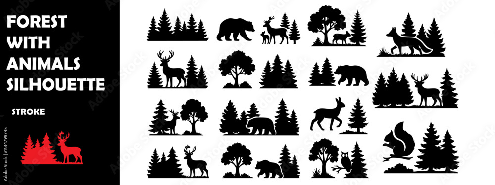 Fototapeta premium Forest with Animals Silhouette Vector Set – Wildlife Living in Forest Environment
