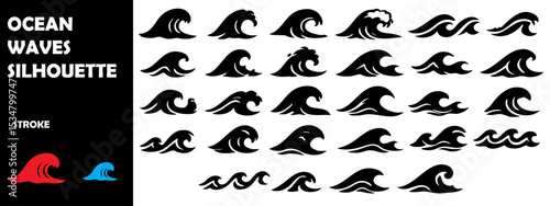 Ocean Waves Silhouette Vector Set – Sea Motion and Wave Pattern Scenes