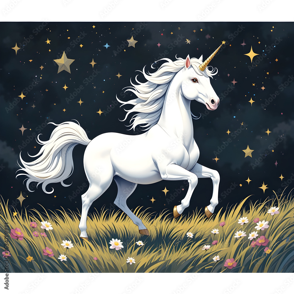 Naklejka premium A unicorn running through a field of stars and black background