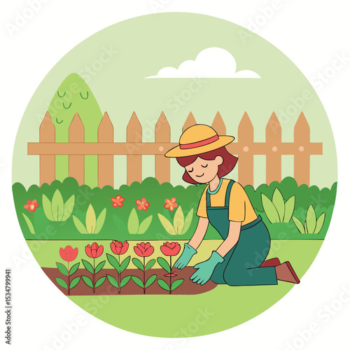 Woman gardening in a beautiful flower garden