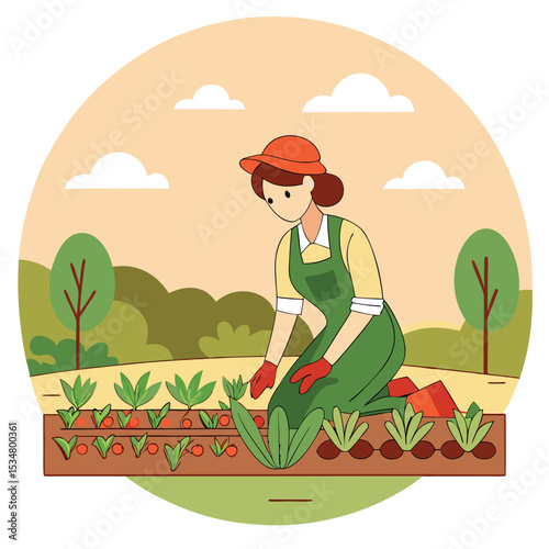 Woman gardener tending to vegetable garden