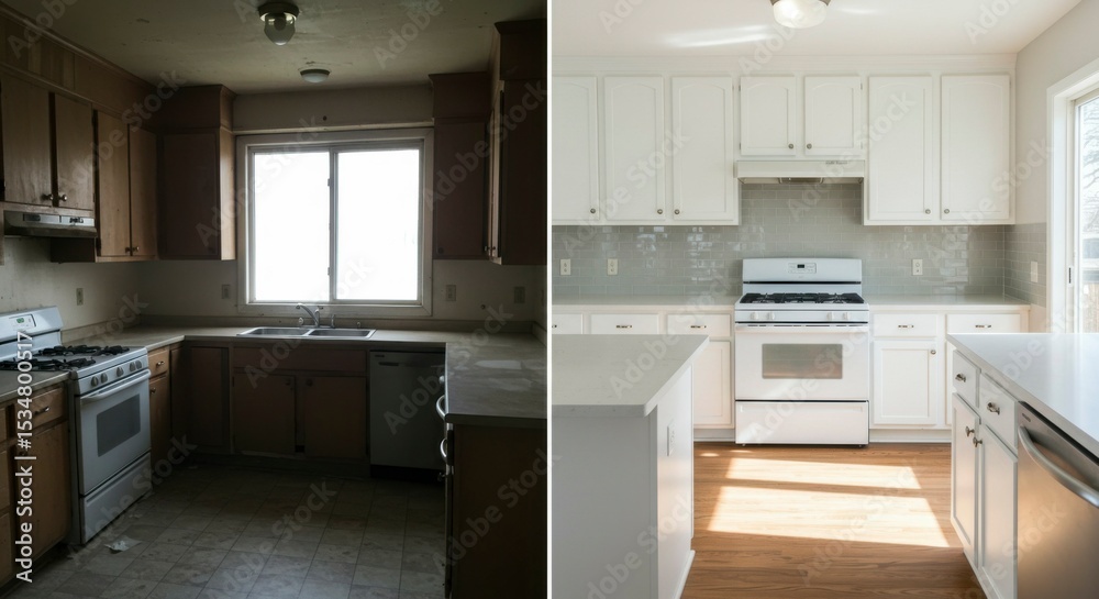 Fototapeta premium Kitchen renovation before & after; outdated cabinets, flooring, and appliances updated to bright, modern style with new countertops and backsplash