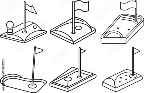 Set of putting green outline vector illustration, line art