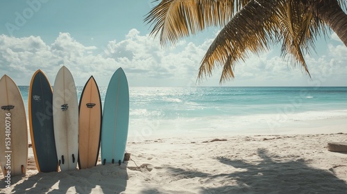 Serene beach scene with surfboards and palm trees offering relaxation