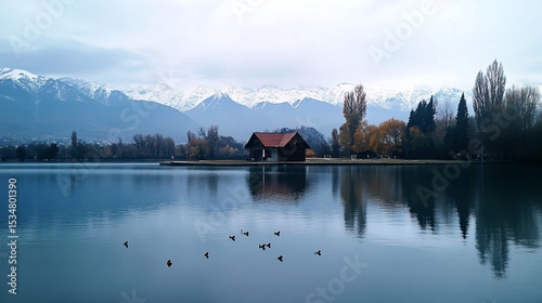 Picturesque lakeside house with snowy mountains in the background
