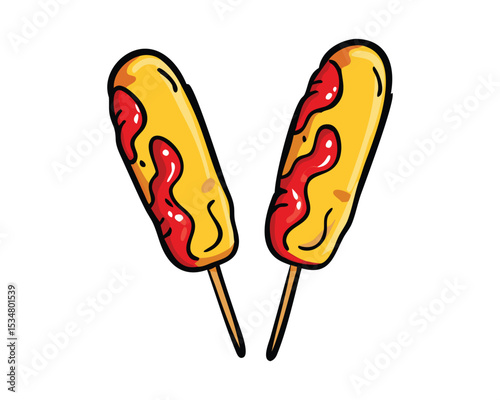 Delicious Corn Dogs with Ketchup – Crispy, Savory Snack on a Stick