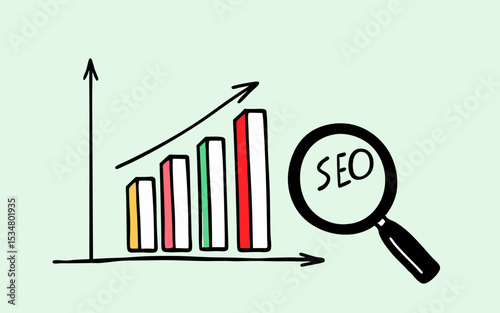 Colorful bar graph representing SEO growth with magnifying glass highlighting SEO, Vintage style