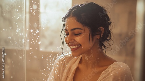 Radiant portrait of a young woman enjoying a refreshing shower indoors