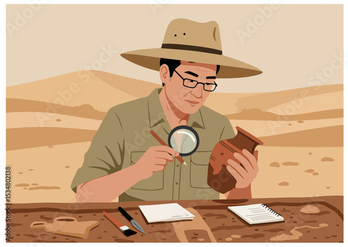 vector, archeology, flat, excavation, illustration, ancient, history, archaeology, design, isolated, artifact, archeologist, cartoon, fossil, shovel, tool, character, scientist, equipment, discovery, 