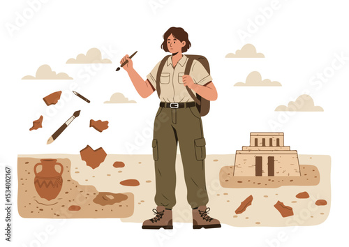 vector, archeology, flat, excavation, illustration, ancient, history, archaeology, design, isolated, artifact, archeologist, cartoon, fossil, shovel, tool, character, scientist, equipment, discovery, 