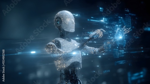 Futuristic Humanoid Robot Interacting with Digital Data in Dark Tech Environment