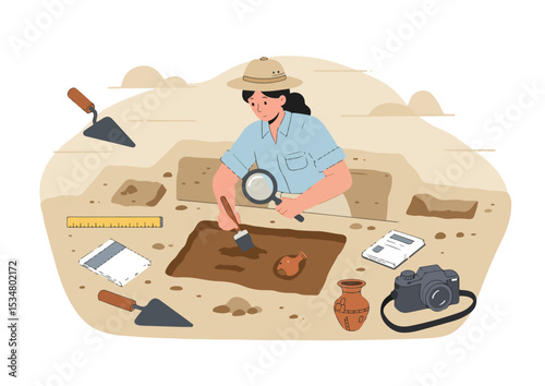 vector, archeology, flat, excavation, illustration, ancient, history, archaeology, design, isolated, artifact, archeologist, cartoon, fossil, shovel, tool, character, scientist, equipment, discovery, 