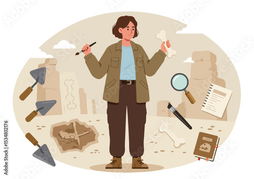 vector, archeology, flat, excavation, illustration, ancient, history, archaeology, design, isolated, artifact, archeologist, cartoon, fossil, shovel, tool, character, scientist, equipment, discovery, 