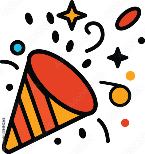Confetti explosion icon. A striped party popper bursting with stars and streamers, symbolizing a joyful celebration or surprise. Flat outline vector.