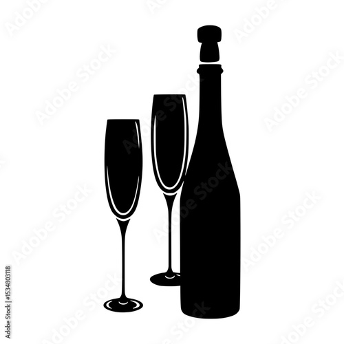 Black & White Champagne Bottle & Glasses Illustration