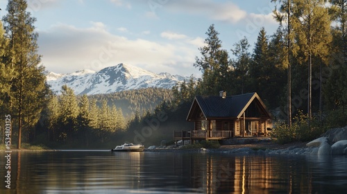 Idyllic Log Cabin Retreat on Serene Lake with Majestic Mountain Backdrop