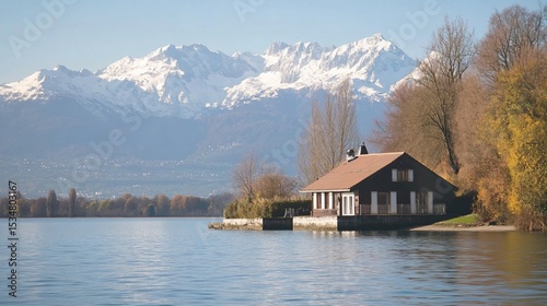 Idyllic Lakeside Cabin Retreat with Snow-Capped Mountain Backdrop