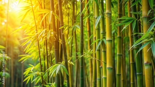 Dense foliage of bamboo plants with soft green and golden tones creating a serene atmosphere in a natural setting