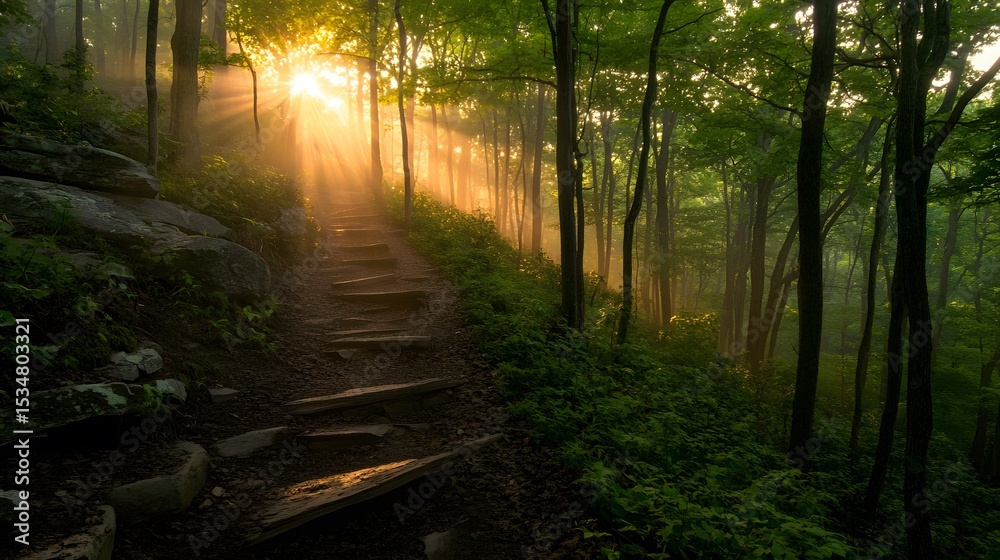 Fototapeta premium Sunlight streams through a misty mountain path.