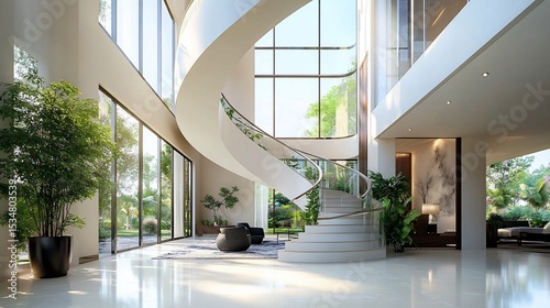 Elegant modern foyer with a spiral staircase and panoramic windows revealing lush green landscapes