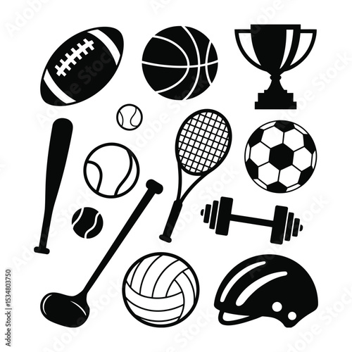 Sports Equipment Collection - Balls, Gear, and Trophy Icons