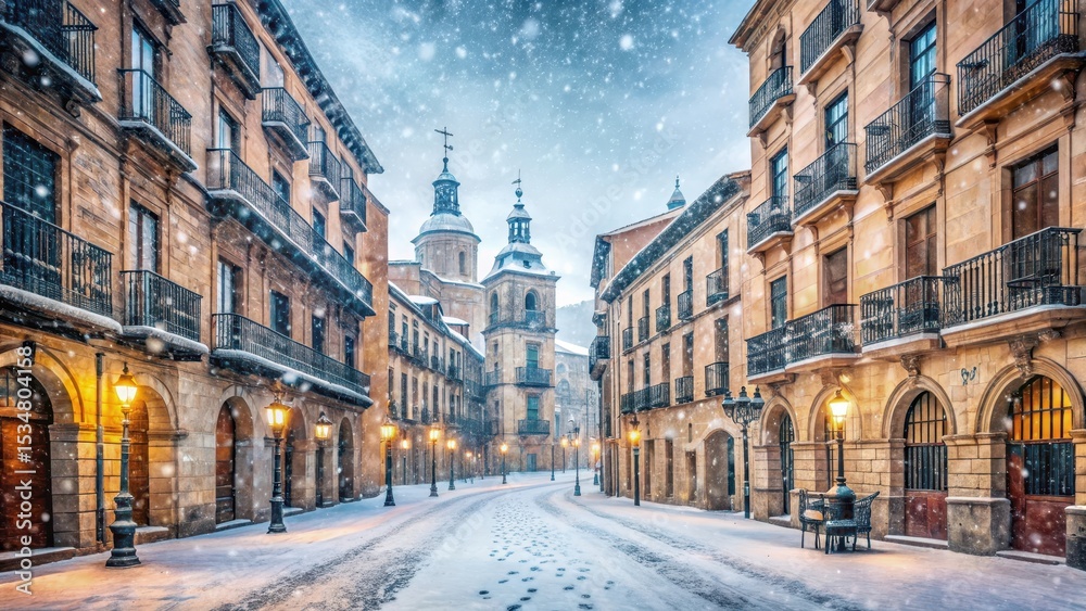 Obraz premium Architectural view of historic buildings under snowstorm