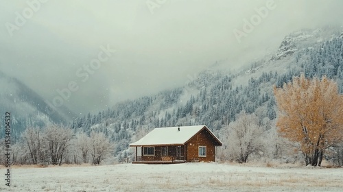 Cozy cabin retreat nestled in a snowy winter wonderland setting