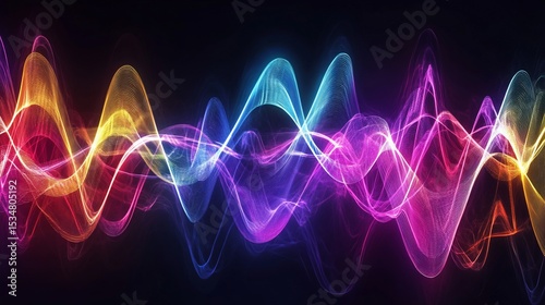 Abstract multicolored light beams creating dynamic wave patterns on black