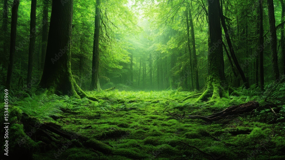 Naklejka premium A tranquil empty forest with tall green trees, lush ferns, and a carpet of moss covering stones and fallen branches.