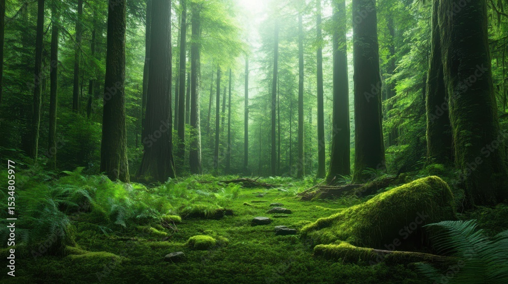 Fototapeta premium A tranquil empty forest with tall green trees, lush ferns, and a carpet of moss covering stones and fallen branches.