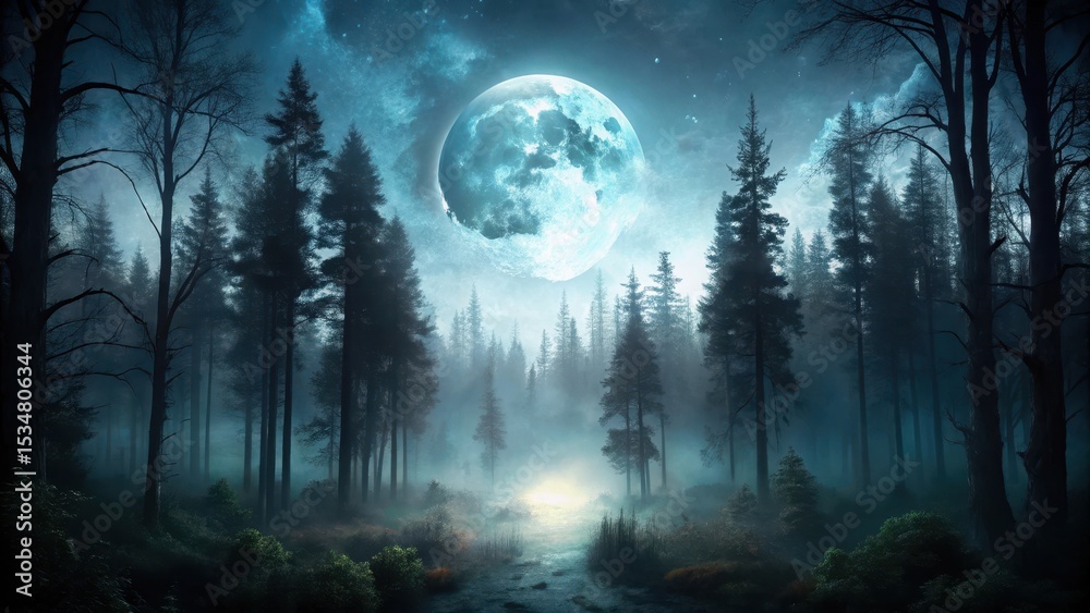 Fototapeta premium A dark forest with a glowing full moon overhead