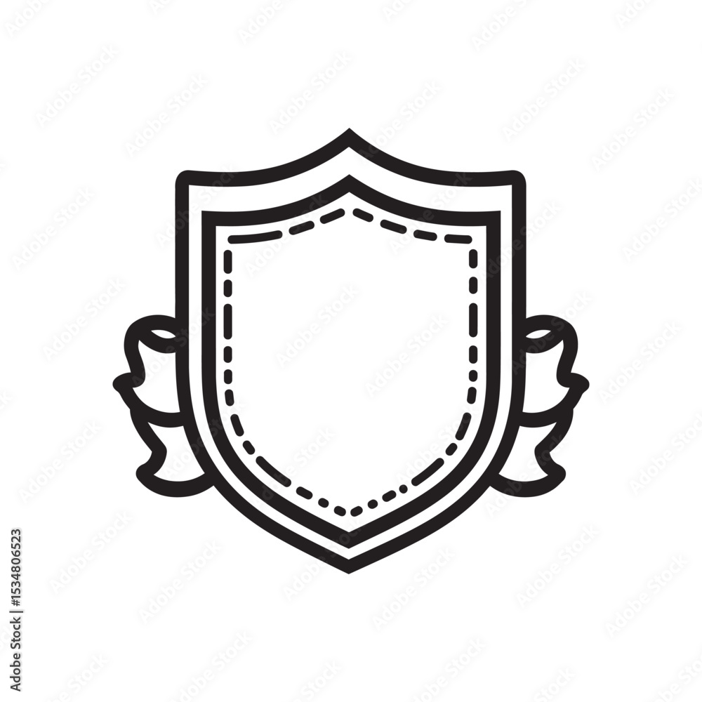 Obraz premium Black and White Shield Icon with Decorative Ribbons, Outline Style, Minimalist Design