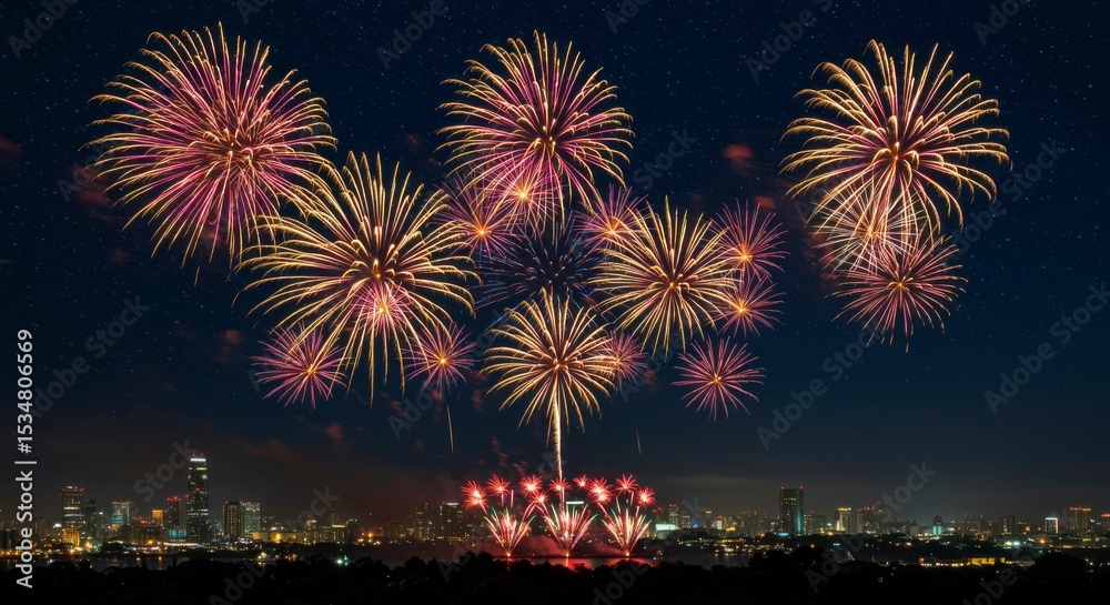 Vibrant fireworks explode over a city skyline at night, illuminating the dark sky with bursts of color and light Vibrant fireworks explode over a city skyline at night, illuminating the dark sky with bursts of color and light