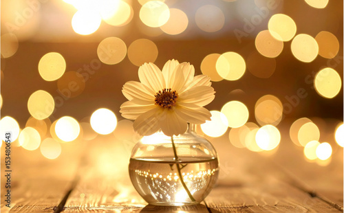 Single White Flower in Glass Vase with Golden Bokeh Lights