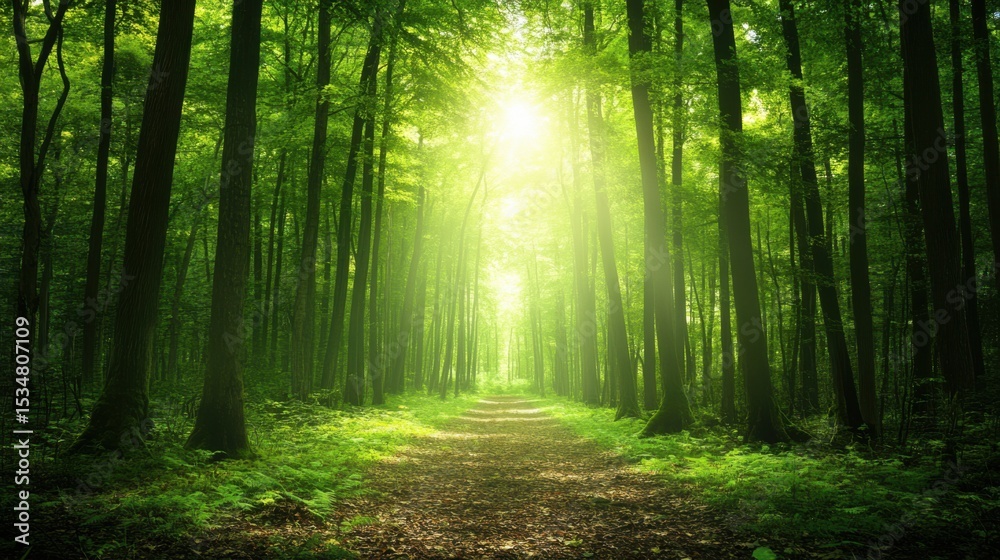 Obraz premium A vast, empty woodland at midday, sunlight streaming through gaps in the dense green canopy, illuminating the path.