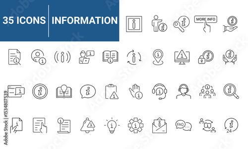 Information set of web icons in line style. Info and Help Desk icons for web and mobile app. Containing user manual, instruction, guidebook, reference, information support, assistant, customer help