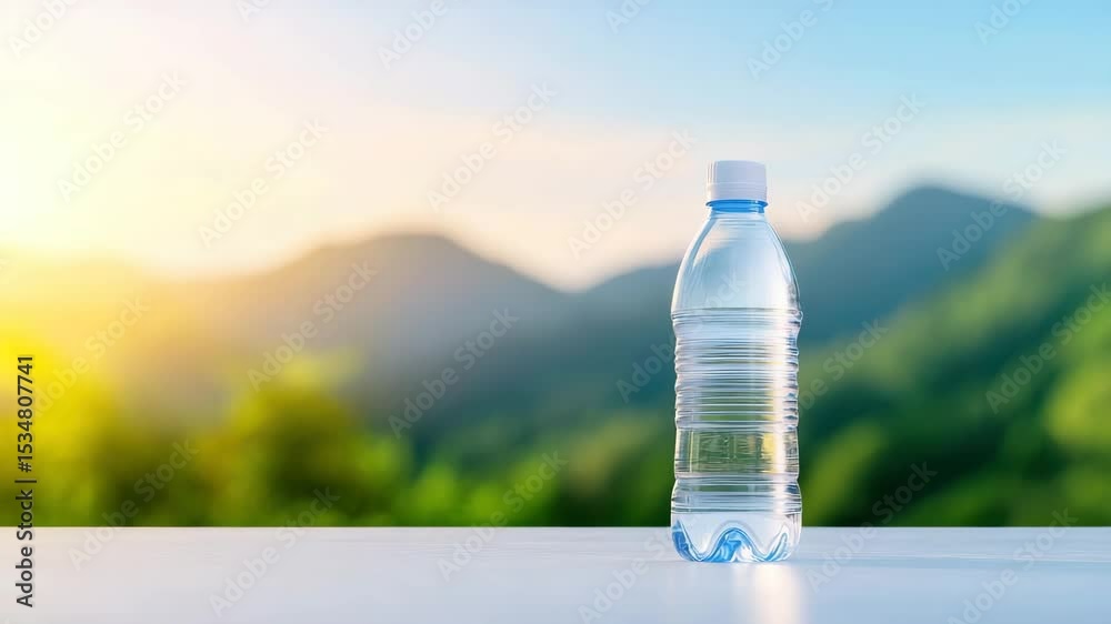 Clear plastic water bottle on white surface with blurred green mountain and warm sunlight, refreshing drink and natural outdoor hydration in natures pure environment