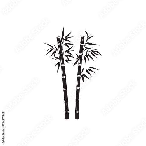 Black Bamboo Stalks and Leaves Silhouette Isolated on a White Background