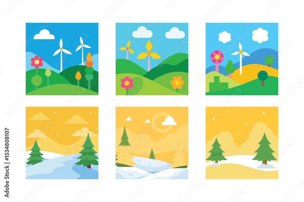 Naklejka premium Vibrant Square Illustrations Depicting Seasons Clean Energy Wind Power and Snowy Landscapes with Evergreen Trees Symbolizing Environmental Awareness