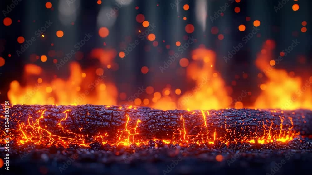 Glowing hot burning log with bright orange flames, glowing embers, and sparks flying in dark background, creating intense heat, fiery atmosphere, and warm charcoal ember glow