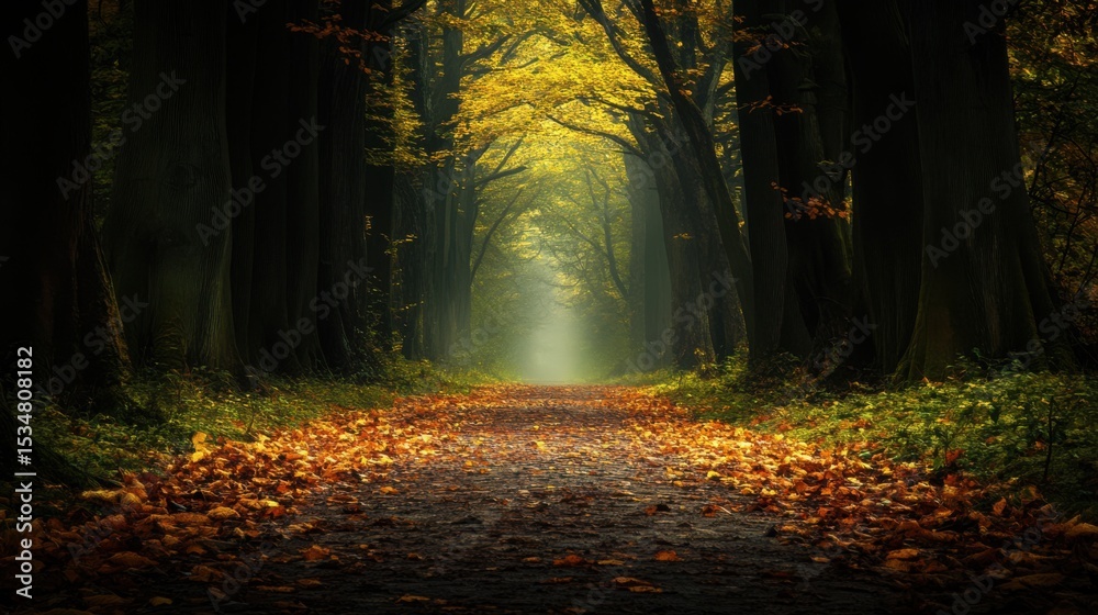 Fototapeta premium A quiet empty forest path covered in fallen leaves, winding between tall ancient trees under a soft, cloudy sky.