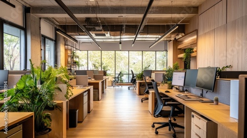 Minimalist office interior with wooden furniture, neutral tones, and an open layout for coworking